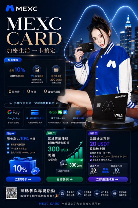 An advertisement for MEXC Card featuring a woman holding a Visa card, promoting up to 10% cashback, 300 USDT rewards, and 20 USDT referral bonuses, with payment options including Google Pay and Grab.