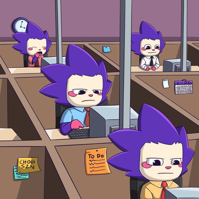 A cartoon office scene shows several purple-haired hedgehog characters working diligently at their cubicles, with visible notes reading "CHOG SZN" and a "To Do" list on the desks, humorously illustrating the "bagwork 24/7" grind culture referenced in the caption.