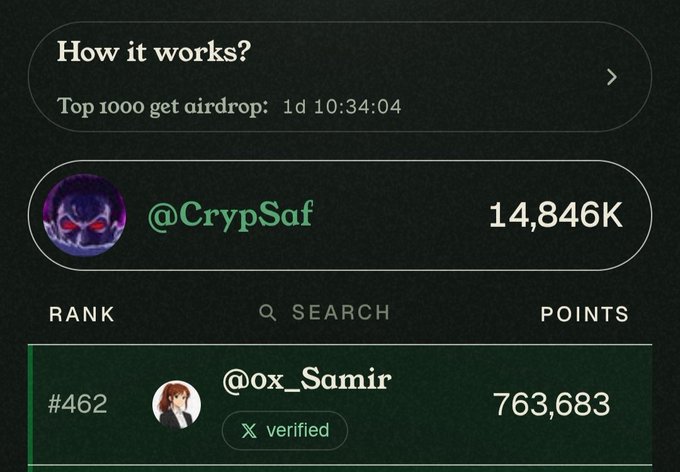 A leaderboard shows user @0x_Samir at rank #462 with 763,683 points, trailing behind @CrypSaf at 14,846K points, with a "Top 1000 get airdrop" countdown of 1d 10:34:04 remaining—reflecting the poster's concern about their dropping rank threatening their airdrop eligibility.