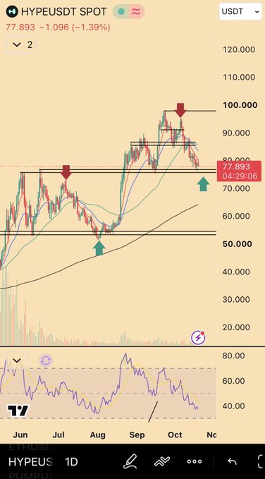 A TradingView chart of HYPE/USDT spot pair shows the price at 77.893 (down 1.39%) with a current fractal pattern highlighted by red downward arrows and teal upward arrows, suggesting a comparison between the present price action around the 80 level and a prior similar setup that eventually rallied toward 100. The candles and moving averages reflect the trader's observation about timing long entries, illustrating the historical bottom formation around June that preceded the September breakout.