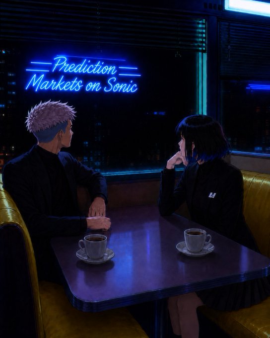 An anime-style cyberpunk illustration of two characters sitting at a café table with coffee cups, beneath a neon blue sign that reads "Prediction Markets on Sonic."