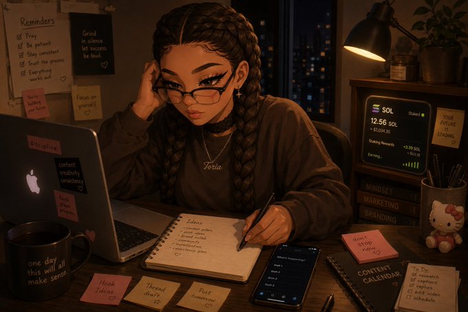 A digital illustration of a young woman with braided hair wearing 'Toria' glasses and a sweatshirt, sitting at a desk with a laptop, notebook, and phone displaying crypto/stock information including 'SOL' and 'Staking Rewards,' surrounded by motivational sticky notes.