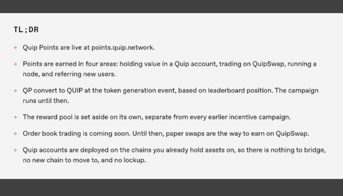 A 'TL;DR' summary slide about Quip Points, noting they are live at points.quip.network, earned through four activities, and that QP converts to QUIP at the token generation event.