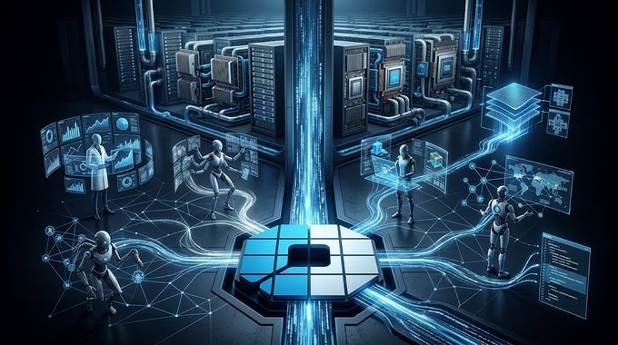 A futuristic digital illustration depicting a network of glowing blue lines connecting various holographic screens and humanoid figures in a server room, centered around a hexagonal platform.