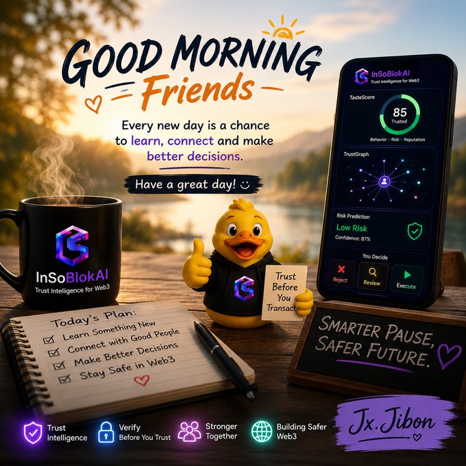 A promotional graphic titled 'GOOD MORNING Friends' advertises 'InSoBlokAI - Trust Intelligence for Web3', featuring a yellow duck mascot, a smartphone displaying a 'TasteScore' of 85 'Trusted' with 'Low Risk' confidence of 87%, and a checklist including 'Stay Safe in Web3', signed by 'Jx. Jibon'.