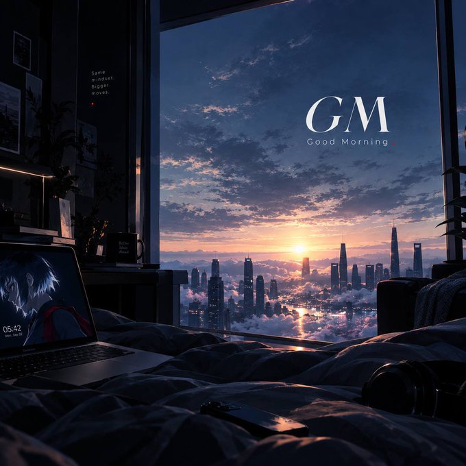 An anime-style illustration of a bedroom at sunrise overlooking a city skyline, featuring a laptop with '05:42' on the screen and text reading 'GM Good Morning'.
