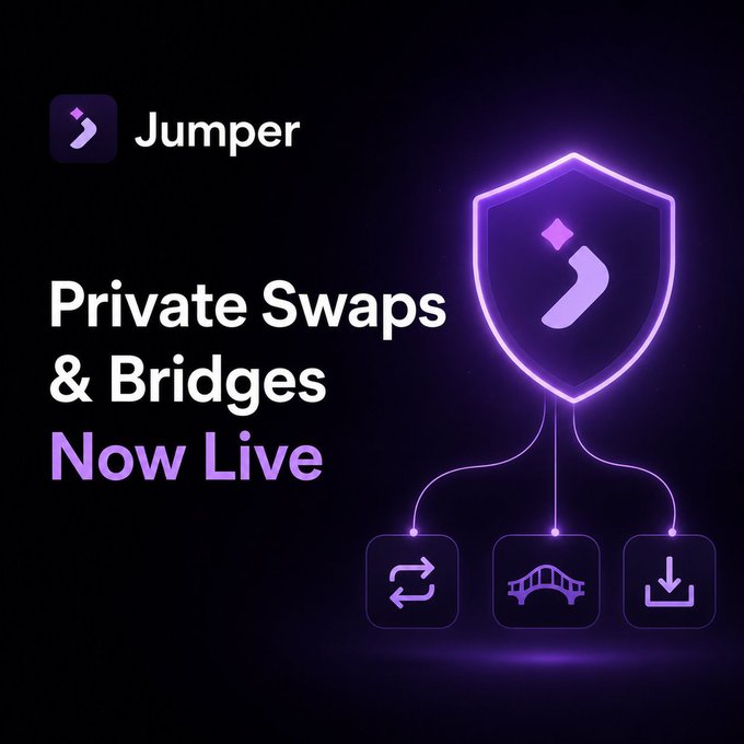 The image features a purple shield with a white diamond shape at its center, which is accompanied by text that reads "Private Swaps & Bridges are now live on Jumper". The shield also displays three icons representing different types of assets or funds being transferred across chains and the ability to receive payments from users. The background of the image is black, making it stand out against the purple shield.