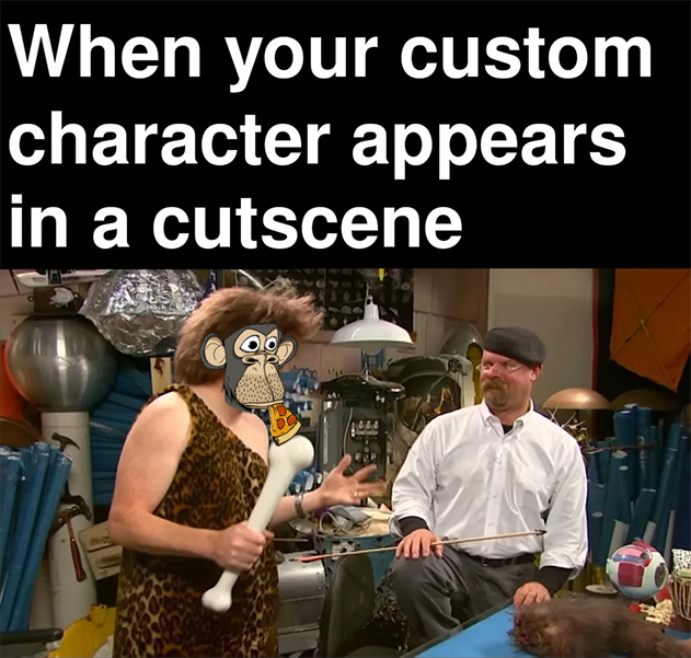 Meme image with text 'When your custom character appears in a cutscene' showing a person in a leopard print outfit holding a bone next to a seated man in a workshop.