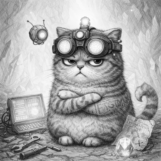 A detailed black-and-white pencil illustration of a grumpy cat wearing steampunk goggles, sitting with crossed paws surrounded by a computer, tools, a floating robot, and a crystal.