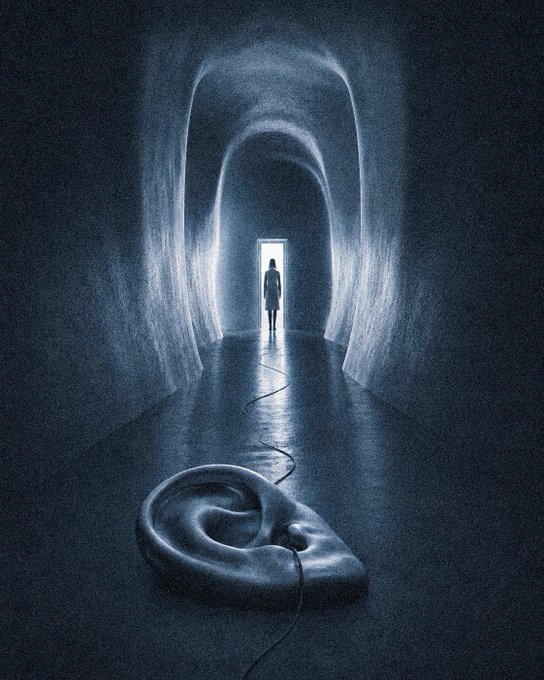A surreal dark artwork showing a silhouetted figure standing in a bright doorway at the end of a tunnel, with a large stone ear in the foreground connected by a wire.
