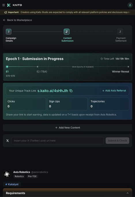 A screenshot of the Kaito platform showing an "Epoch 1 - Submission in Progress" campaign page with details about a contest by Axis Robotics (@axisrobotics), displaying submission statistics for Clicks, Sign Ups, and Trajectories.