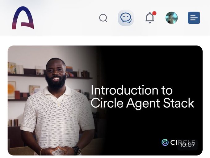 A YouTube video thumbnail shows a smiling man in a patterned polo shirt, with the title 'Introduction to Circle Agent Stack' and the Circle logo, uploaded by Algorand.