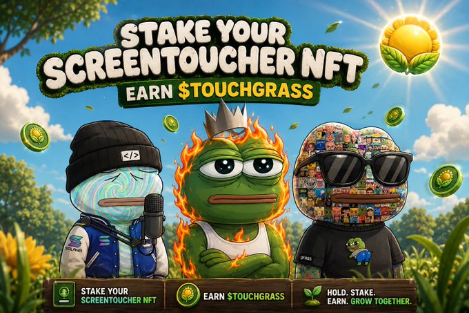 A meme advertisement reading "STAKE YOUR SCREENTOUCHER NFT EARN $TOUCHGRASS" featuring cartoon Pepe-style characters, including a flaming frog king, with smaller text: "STAKE YOUR SCREENTOUCHER NFT," "EARN $TOUCHGRASS," and "HOLD. STAKE. EARN. GROW TOGETHER."
