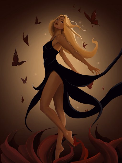 A digital illustration of a blonde woman in a flowing black dress surrounded by red butterflies, standing gracefully atop red petals.