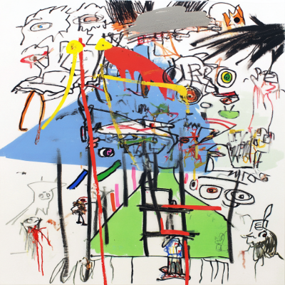 The image features a colorful abstract painting with various shapes and lines that create an interesting visual experience. The artwork includes elements such as a person standing, a skateboarder, and other objects like a bird, a house, and a tree. The painting is displayed on a white background, which highlights the vibrant colors and intricate details of the piece.

The post discusses Phase 0b03: "Phase 0b03: — launch $SCART — community contests — new characters — expand the collection — keep the wall alive". This post seems to be promoting an art contest or event related to drawing, painting, or other forms of visual arts. The artist's collaboration with Solana and their focus on expanding the collection and keeping the artwork alive are evident in this image.