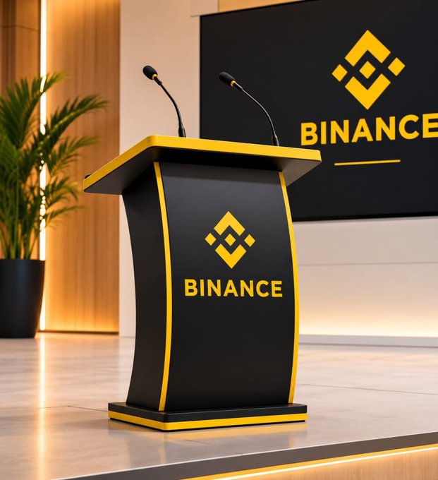 A stage podium and large screen display the "BINANCE" logo, suggesting an upcoming event or summit. This visual complements the post asking users to nominate their city for the next Binance meetup.
