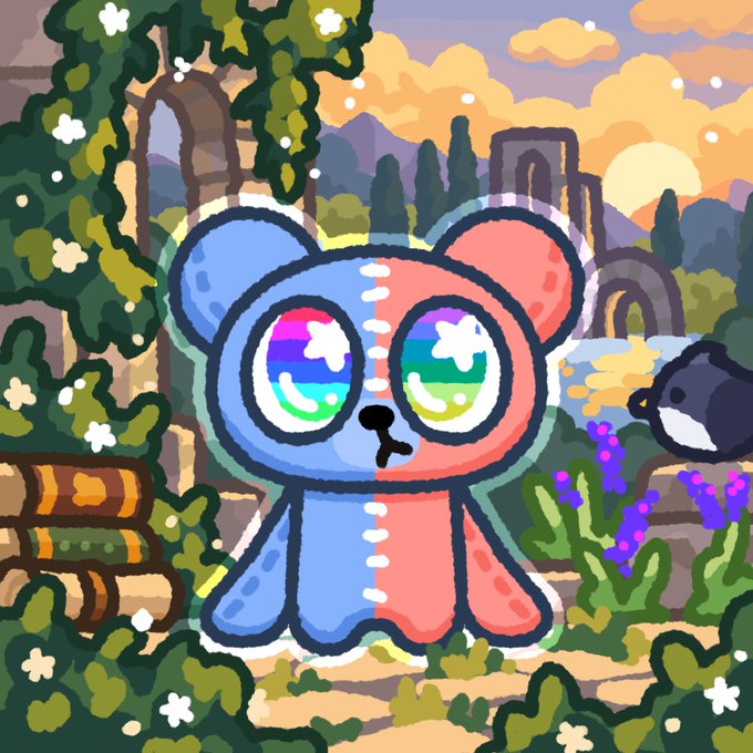 A pixel art illustration of a stitched-together blue and pink teddy bear with rainbow, starry eyes, standing in a lush garden setting at sunset.