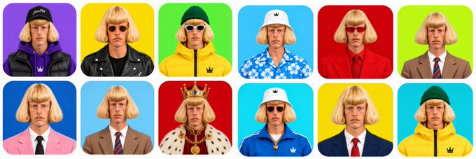 A grid of twelve stylized portraits featuring a blonde-haired man in various outfits (hoodies, suits, king attire) on colorful backgrounds.