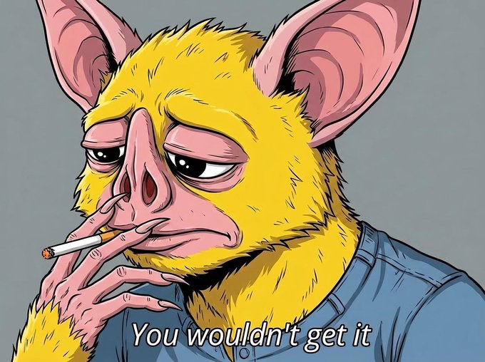 A cartoon illustration of a weary, yellow-furred bat-like creature smoking a cigarette, with the caption "You wouldn't get it" at the bottom. The image's apathetic, unimpressed expression paired with the dismissive text humorously embodies the post's theme of unwavering "Conviction"—suggesting the creator holds steadfast to something others simply can't understand.