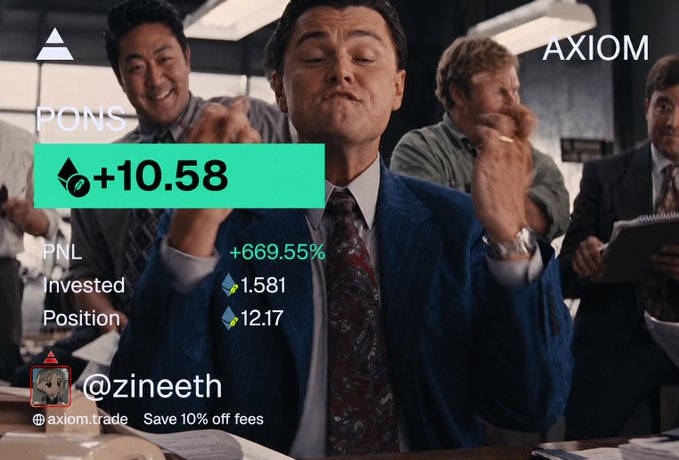 The image is a promotional graphic for Axiom, featuring a man in a pinstripe suit (likely Leonardo DiCaprio as Jordan Belfort from The Wolf of Wall Street) celebrating with colleagues, overlaid with trading stats including "PONS +10.58," a PNL of "+669.55%," an invested amount of 1.581, and a position of 12.17, along with the handle @zineeth and a "Save 10% off fees" promo for axiom.trade. The caption and post suggest the creator is giving away $5 in a high-engagement crypto airdrop, using the flashy trading gains as social proof to lure followers into dropping their Solana addresses.