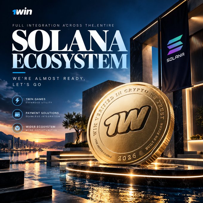 A promotional graphic for '1win' advertising 'FULL INTEGRATION ACROSS THE ENTIRE SOLANA ECOSYSTEM' featuring a gold coin with the '1W' logo.