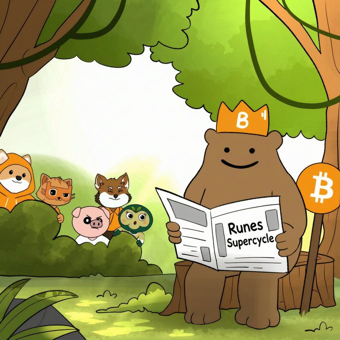 A cartoon bear wearing a "B" crown reads a newspaper headlined "Runes Supercycle" in a forest, surrounded by watching animal characters (cat, fox, pig, owl) and a Bitcoin "₿" flag. The illustration ties into the post's Bitcoin Ordinals theme, reinforcing the $GRIZZY giveaway promotional vibe.