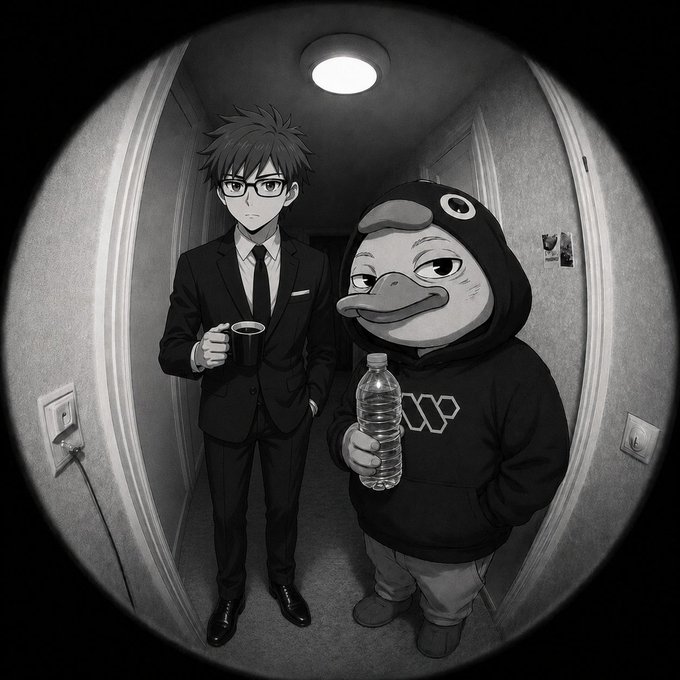 The image features two cartoon characters, one dressed in a suit with glasses and holding a coffee cup, while the other wears a hoodie and holds a water bottle. The text in the caption reads "gm ct it's a good day to predict on polymarket and Quack on wallchain." This suggests that the characters might be discussing or predicting something related to their cartoon world, possibly involving the characters from "gm ct" and "Quack on wallchain."