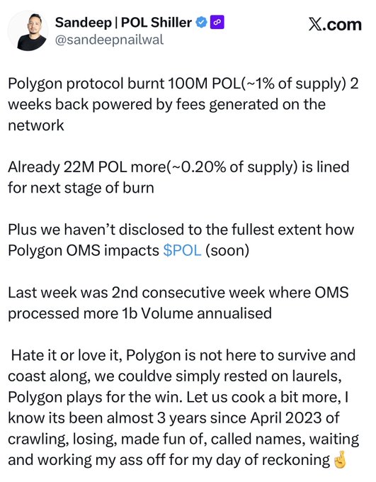 A tweet from Sandeep | POL Shiller (@sandeepnailwal) discussing Polygon protocol burning 100M POL tokens (~1% of supply) and plans for further token burns.