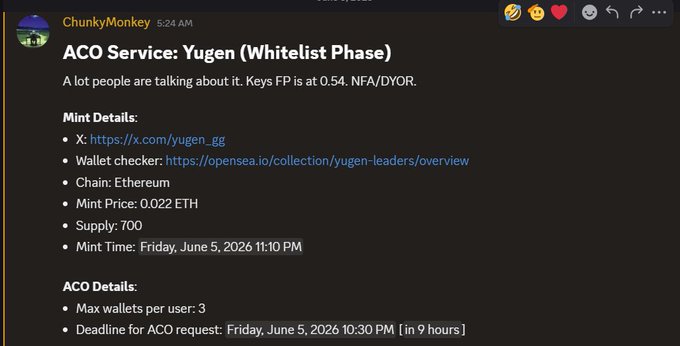 The image shows an email posted by @PulseAnchor, titled "Gm CT! We're running an ACO for Yugen". The post appears to be promoting a cryptocurrency project called "Yugen". It also mentions that there are some NFT opportunities available and some alpha plays being discussed. One of the requirements is to join the Discord server, where you can find more information about these projects or join them as part of their community.