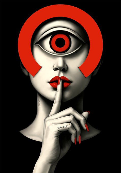 A surreal digital artwork of a pale-skinned figure with a large red omega symbol containing an eye over their face, holding a finger to their red lips in a 'shh' gesture, marked 'ECO-0101'.