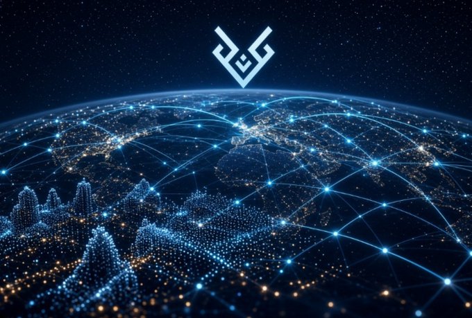 A starry Earth viewed from space glows with interconnected blue nodes and golden city lights, overlaid with a stylized "VG" logo at the top, symbolizing a decentralized physical infrastructure network (DePIN). The glowing web of data points spanning the globe visually represents @vangrid_io's mission to crowdsource continuous ground-level spatial data that satellites cannot capture, bridging the digital and physical worlds.