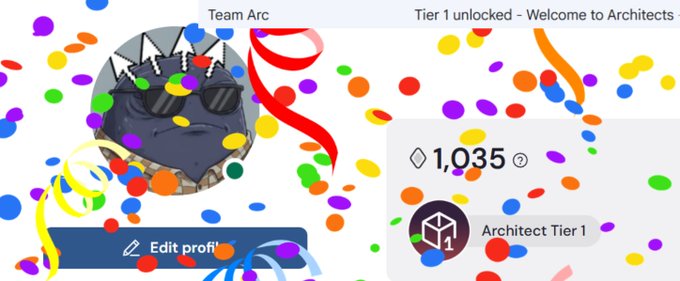 A celebration screen for 'Team Arc' unlocking 'Architect Tier 1' with 1,035 points, decorated with confetti and ribbons.