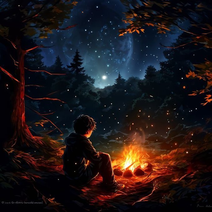 An anime-style digital illustration of a young person sitting beside a glowing campfire under a starry, moonlit forest canopy, surrounded by warm orange leaves and embers.