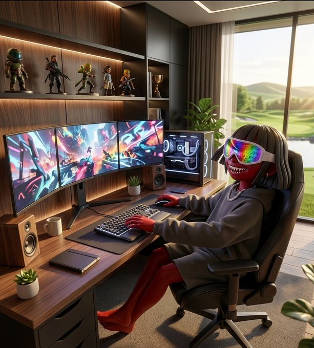 A 3D-rendered image of a character with dreadlocks and rainbow VR goggles sitting at a gaming desk with triple monitors, surrounded by gaming figures and plants.