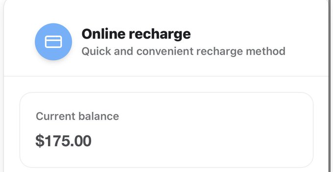 A user interface screen showing an 'Online recharge' option described as a 'Quick and convenient recharge method' above a 'Current balance' of '$175.00'.