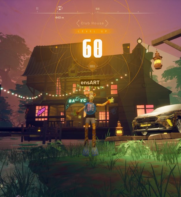 The image features a cartoon character standing in front of an old house, with a car parked nearby. The character appears to be wearing scuba gear, suggesting that they might be exploring underwater environments or participating in some sort of underwater adventure game. The caption on the image reads "MAX Lvl on @OthersideMeta LETS GO!". This implies that the character is at a higher level within the game and has achieved something significant.