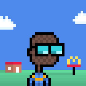A pixel art illustration of a dark-skinned character with cyan glasses wearing blue overalls, standing on green grass with a house and tree in the background under a blue sky.