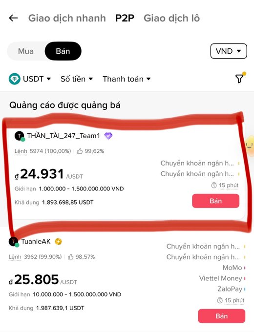 A Vietnamese cryptocurrency exchange app screenshot showing a P2P trading interface with USDT listings; a red box highlights a seller named 'THẦN_TÀI_247_Team1' selling at 24.931 USDT.