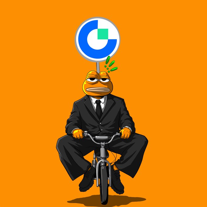 Cartoon illustration of a Pepe the Frog character wearing a black suit and tie, riding a bicycle while holding a sign with the Coinbase logo on an orange background.