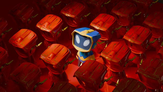 A small blue and yellow robot character with glowing eyes stands surrounded by numerous red, square-shaped units with green accents in a dimly lit scene.