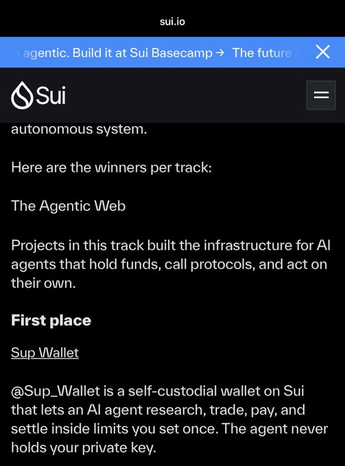 A screenshot of the sui.io website displays an article announcing 'The Agentic Web' track winners, highlighting 'Sup_Wallet' in first place.