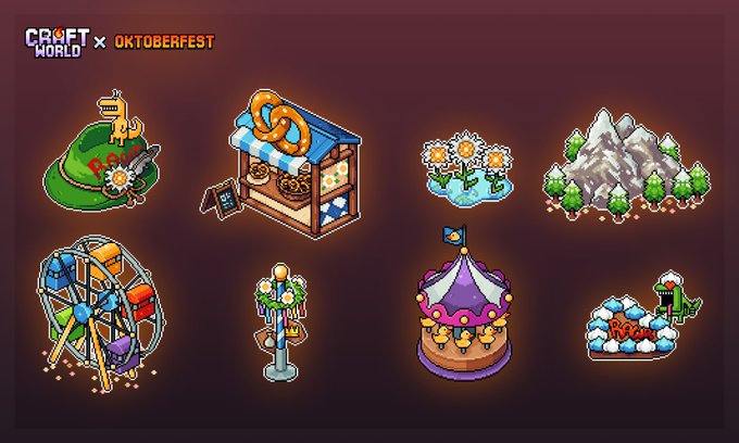 A promotional image for 'CRAFT WORLD x OKTOBERFEST' displays eight pixel-art style icons on a dark red background, including a Ferris wheel, pretzel stand, mountains, flowers, a carnival ride, and other festive game elements.