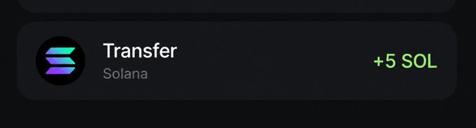 A dark-themed interface shows a "Transfer" notification from Solana indicating a +5 SOL transaction. This relates to the post by showing the sender's receipt of an incoming transfer, likely the 5 SOL being given away as a "blessing."