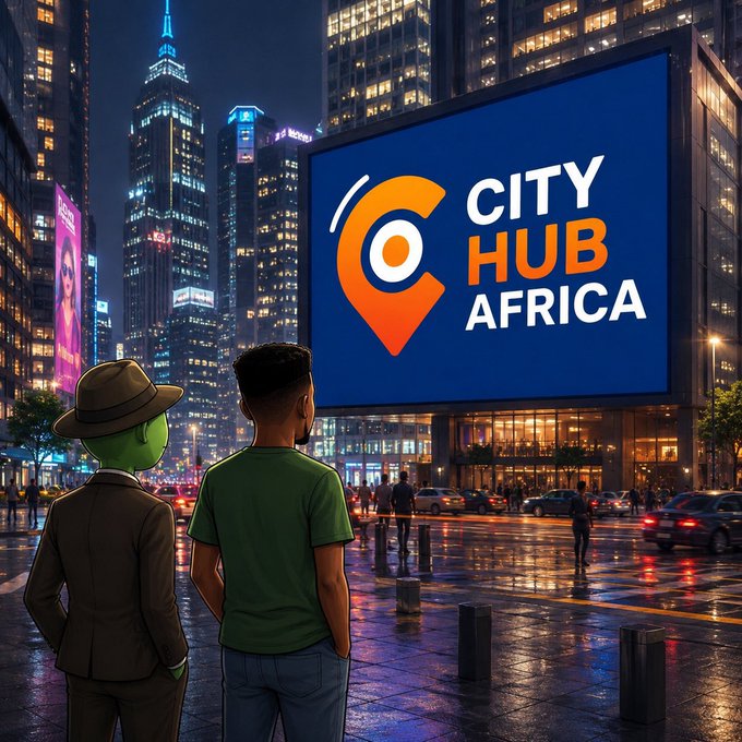 An urban night scene showing two figures looking at a large illuminated billboard displaying the 'CITY HUB AFRICA' logo with an orange location pin icon.
