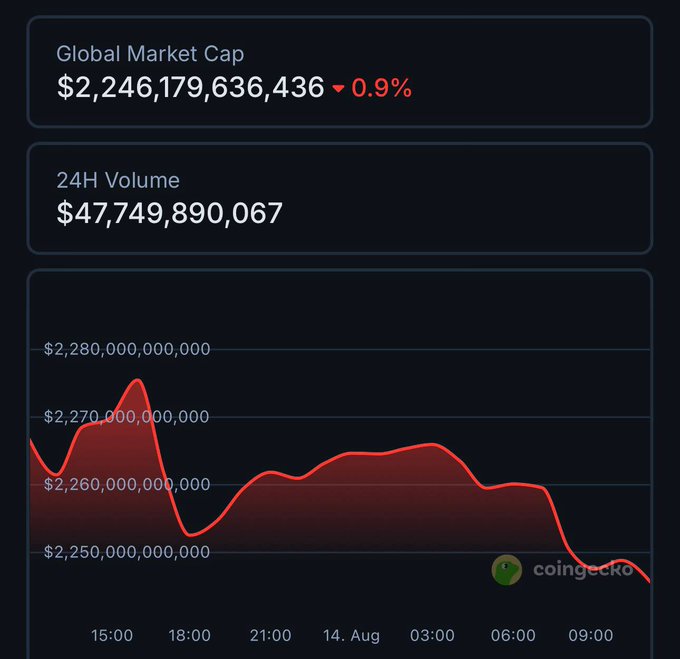 The image shows a CoinGecko dashboard displaying a Global Market Cap of $2,246,179,636,436 (down 0.9%) and 24H Volume of $47,749,890,067, with a line chart tracking market cap from approximately $2.27T on August 14th, peaking around 15:00 before steadily declining to its current ~$2.25T level by midday—visually confirming the post's observation of waning momentum after an early-day spike.