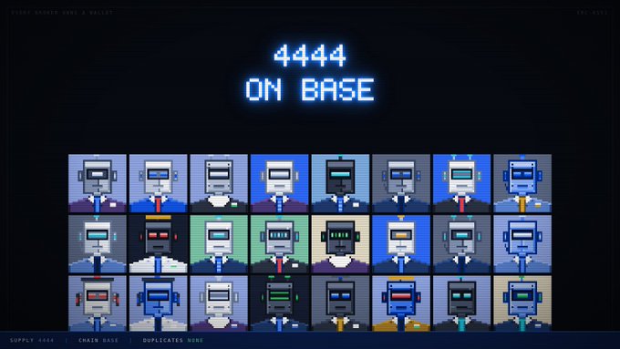 A pixel-art display titled "4444 ON BASE" showcases a grid of 24 robot characters with varying designs, representing NFT brokers. The footer indicates a supply of 4,444, a chain on Base, and no duplicates, aligning with the post's announcement of an upcoming token launch and delisting event.