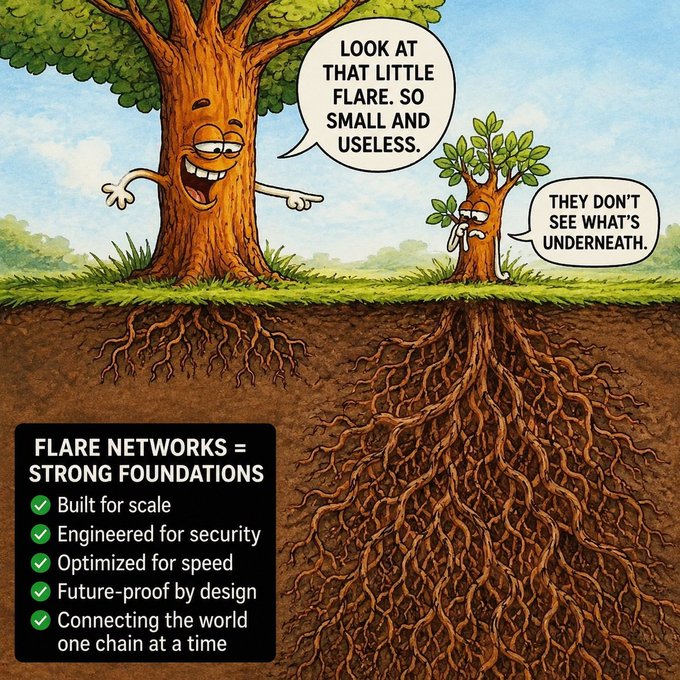 A cartoon shows a large tree mocking a small tree labeled "Flare," saying "Look at that little Flare. So small and useless," while the small tree replies "They don't see what's underneath," highlighting Flare Networks' "strong foundations" with features like built for scale, security, speed, future-proof design, and connecting the world.