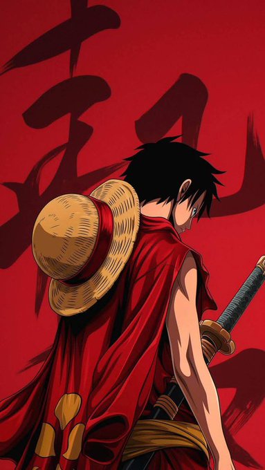 An anime-style illustration of a character viewed from behind, wearing a red cloak and straw hat with a sword at their side, against a red background featuring large black brushstroke characters.