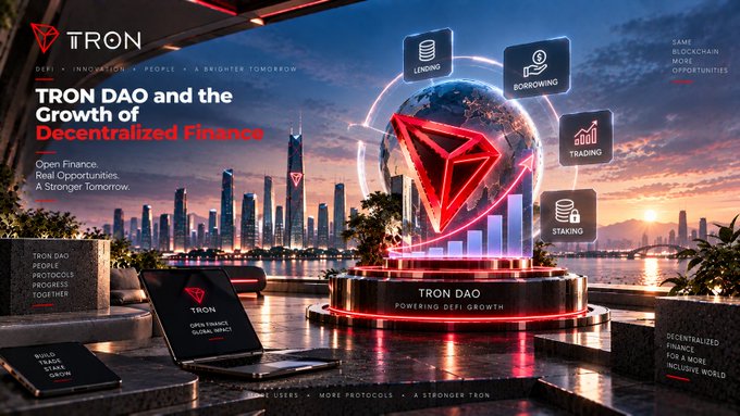 A promotional banner for TRON DAO highlighting 'TRON DAO and the Growth of Decentralized Finance,' featuring a cityscape, the TRON logo on a globe, and icons for Lending, Borrowing, Trading, and Staking.