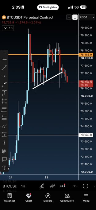 A TradingView mobile chart shows BTCUSDT Perpetual Contract at 76,732.9, down 1,574.6 (-2.01%), with sharp red candlesticks breaking below key support at 76,193.9 and approaching 73,943.0—capturing the brutal "FREEFALL.EXE" mentioned in the post.
